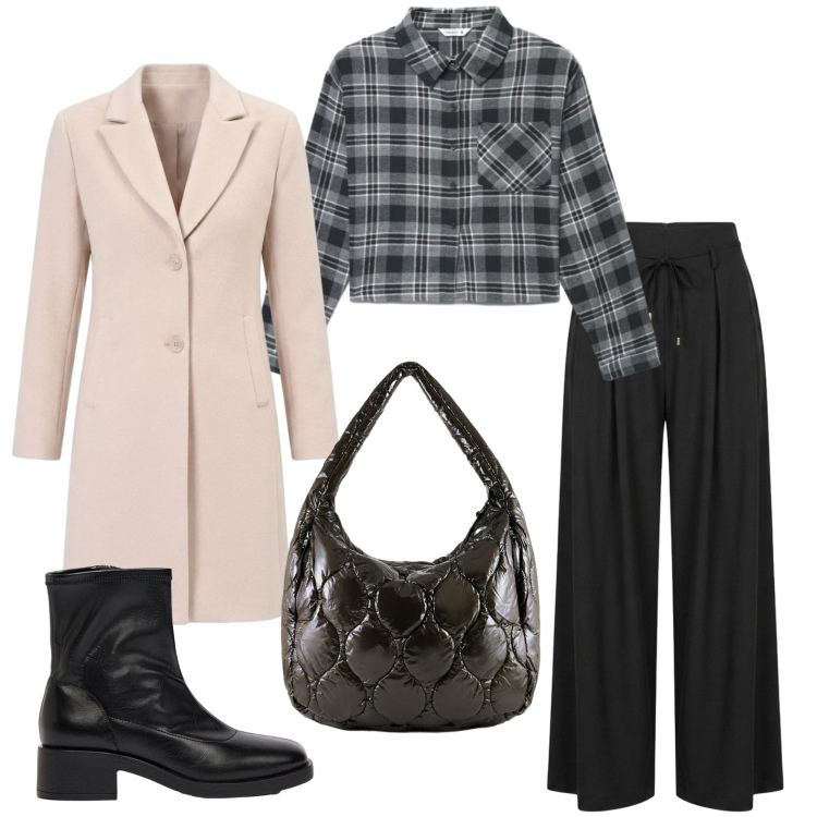 Outfit donna - Il cappottino bon ton. Stile Casual per Tutti i giorni. Abbinamento con stivaletti, camicie, cappotti, borse tote, pantaloni a palazzo.