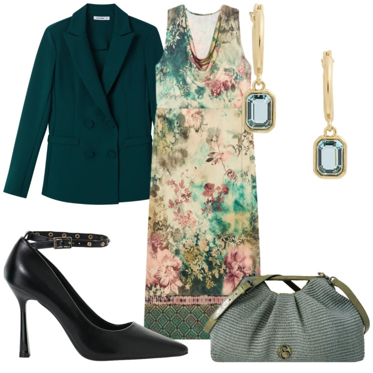 Outfit donna - Aperitivo di Settembre : in verde. Stile Glamour per Serata fuori. Abbinamento con décolleté, blazer, vestiti lunghi, clutch, orecchini.