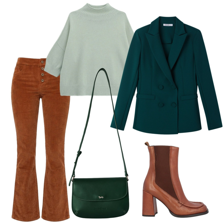 Outfit donna - Sfumature di verde. Stile Casual per Ufficio. Abbinamento con stivaletti chelsea, borse a tracolla, pullovers, blazer, pantaloni.