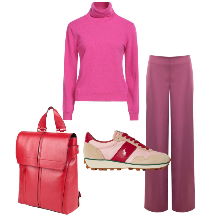 Outfit donna - Color block. Stile Trendy per Ufficio. Abbinamento con maglieria, zaini, pantaloni a palazzo, sneakers.