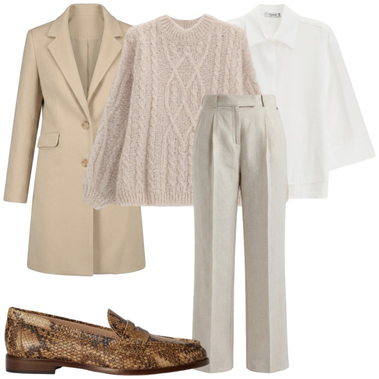 Outfit donna - Chic Urban Layering in ufficio. Stile Mannish per Ufficio. Abbinamento con pantaloni, maglieria, camicie, cappotti, mocassini.
