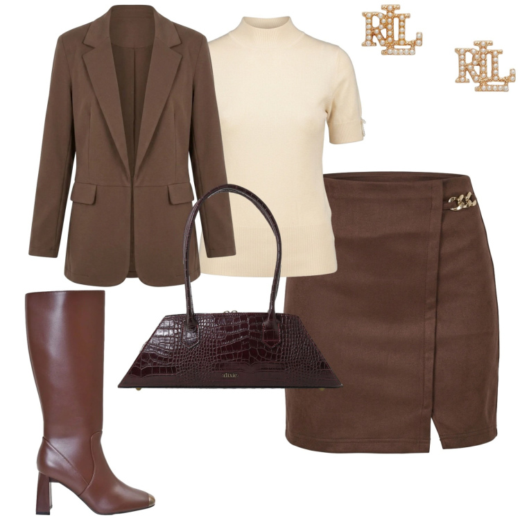 Outfit donna - City. Stile Urban per Tutti i giorni. Abbinamento con borse a spalla, minigonne, stivali sopra il ginocchio, t-shirt, blazer, orecchini.