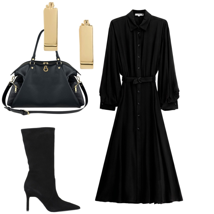 Outfit donna - Comfort e stile in città. Stile Casual chic per Tutti i giorni. Abbinamento con stivali, vestiti lunghi, shopping bag, orecchini.