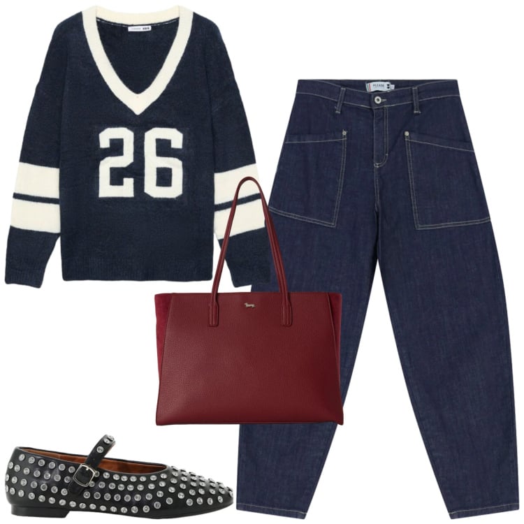 Outfit donna - Fall. Stile Casual chic per Tutti i giorni. Abbinamento con shopping bag, ballerine, maglieria, jeans.