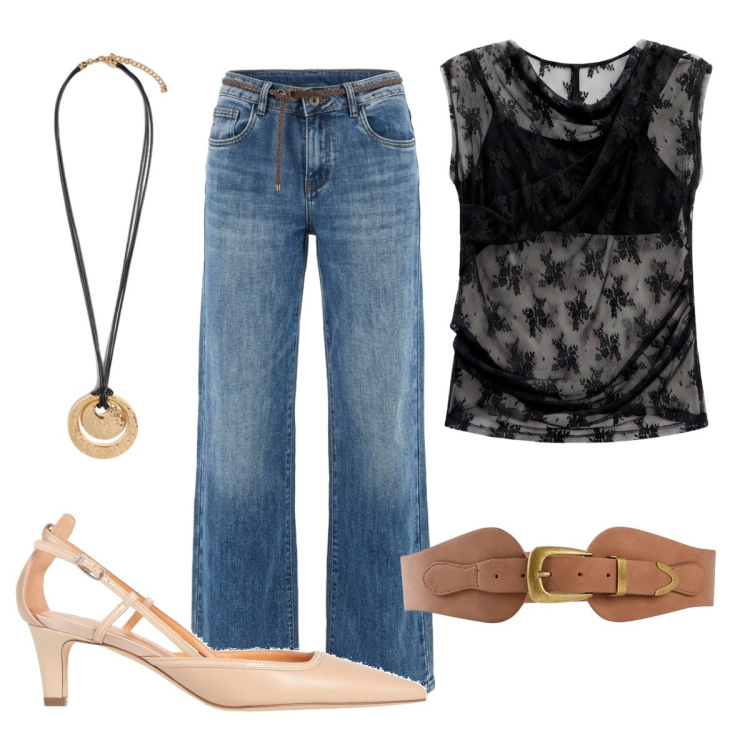 Outfit donna - Summer. Stile Casual chic per Serata fuori. Abbinamento con décolleté, cinture, top, ciondoli, jeans.