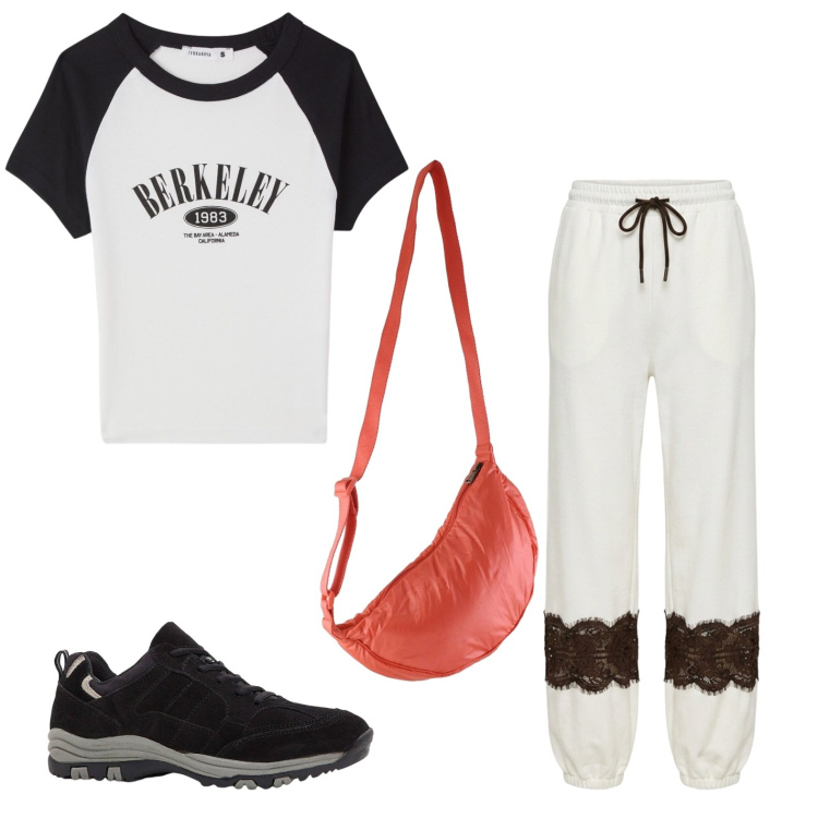 Outfit donna - Bianco e nero per la palestra. Stile Casual per Sport. Abbinamento con scarpe sportive, t-shirt sportive, pantaloni sportivi, borse sportive.