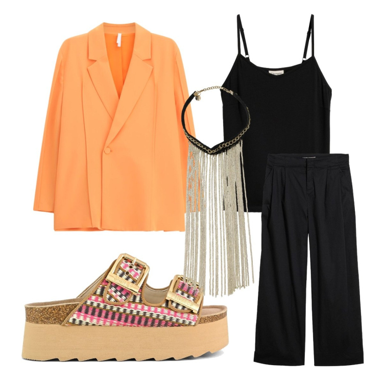 Outfit donna - Settembre. Stile Preppy per Serata fuori. Abbinamento con canottiere, pantaloni, blazer, collane, sandali.