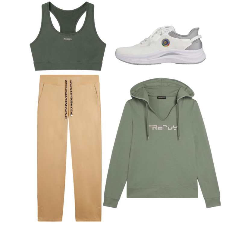 Outfit donna - Essenziale. Stile Basic per Sport. Abbinamento con scarpe sportive, felpe con cappuccio, pantaloni sportivi, top sportivi.