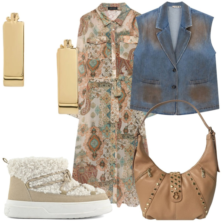 Outfit donna - Chemisier boho. Stile Boho per Tutti i giorni. Abbinamento con gilet, vestiti chemisier, borse a spalla, orecchini, stivaletti.