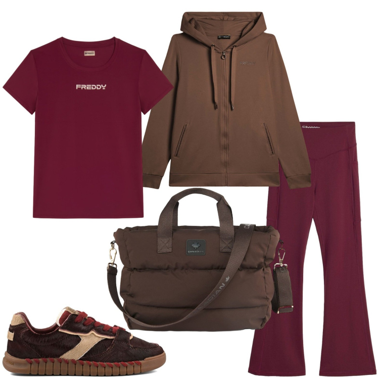 Outfit donna - Nuance scure mentre mi alleno. Stile Casual per Sport. Abbinamento con leggings sportivo, felpe sportive, t-shirt sportive, borse tote, sneakers.