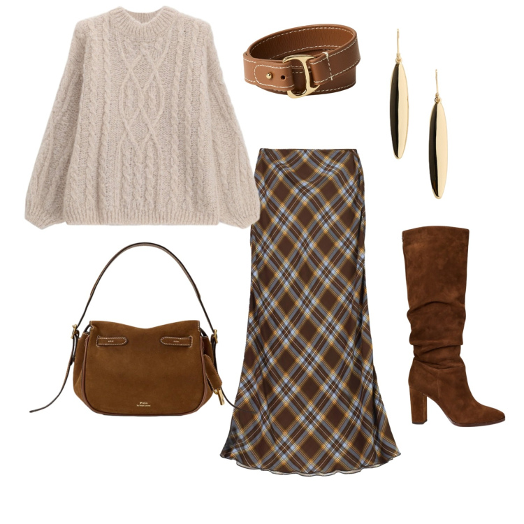 Outfit donna - La gonna a quadri. Stile Basic per Ufficio. Abbinamento con gonne lunghe, maglieria, stivali, borse a mano, orecchini, braccialetti.
