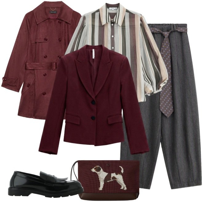 Outfit donna - Bordeaux Britsh style. Stile Glamour per Tutti i giorni. Abbinamento con blazer, pantaloni, mocassini, camicie, trench, pochette.
