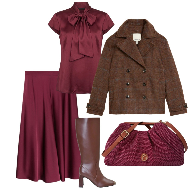 Outfit donna - Una serata elegante. Stile Glamour per Serata fuori. Abbinamento con caban, stivali sopra il ginocchio, gonne, clutch, camicie.