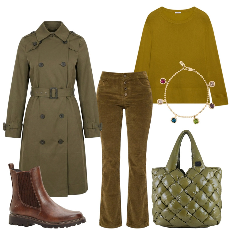Outfit donna - Palette del verde e marrone. Stile Casual per Serata fuori. Abbinamento con stivaletti, maglieria, borse tote, pantaloni, trench, braccialetti.