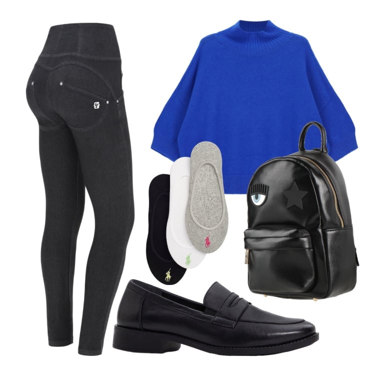 Outfit donna - Settembre. Stile Basic per Ufficio. Abbinamento con zaini, mocassini, pullovers, pantaloni skinny, calzini.