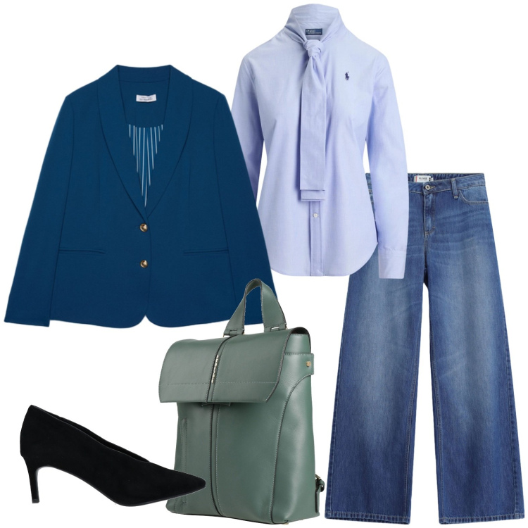 Outfit donna - Trasferta di lavoro. Stile Casual chic per Ufficio. Abbinamento con décolleté, zaini, jeans, blazer, camicie.