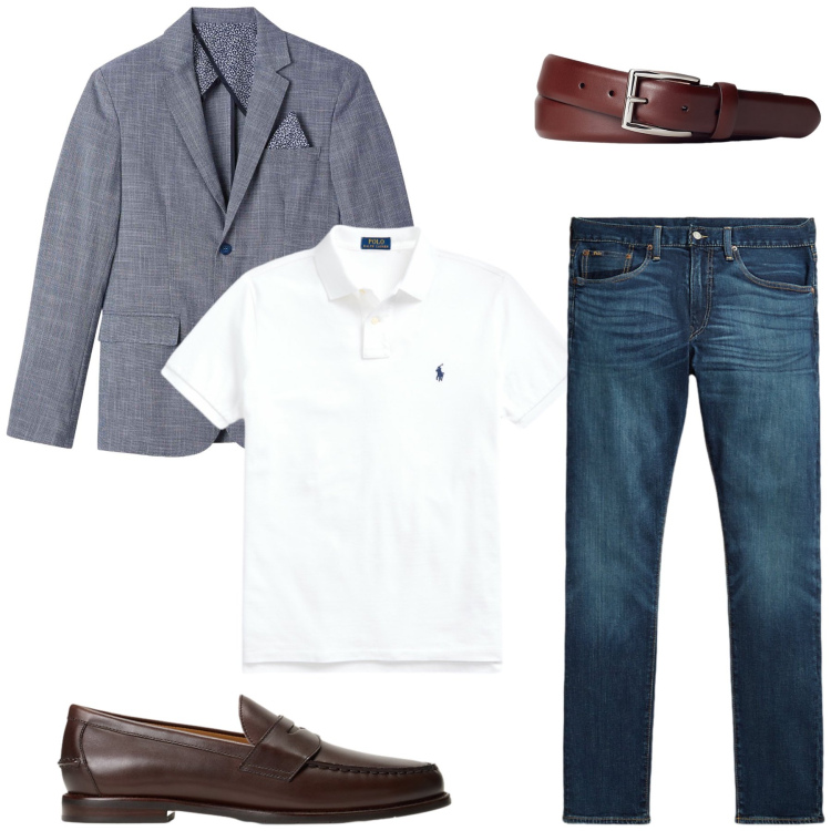 Outfit uomo - Luca. Stile Casual per Ufficio. Abbinamento con giacche, cinture, scarpe stringate, jeans, polo.