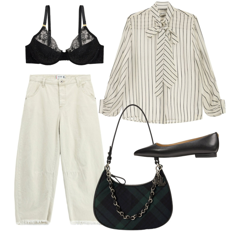 Outfit donna - La camicia gessata. Stile Casual per Tutti i giorni. Abbinamento con camicie, jeans dritti, reggiseni, ballerine, borse a spalla.