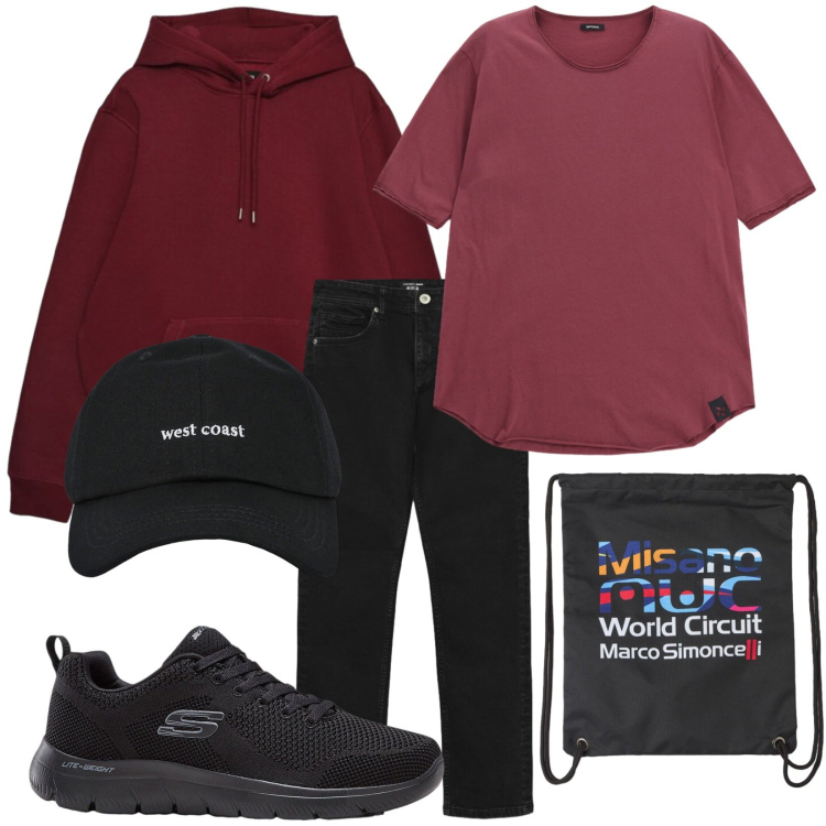 Outfit uomo - Total look #2469888. Stile Urban per Tutti i giorni. Abbinamento con sneakers, t-shirt, borse sportive, cappelli con visiera, jeans, felpe con cappuccio.