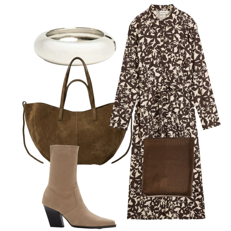 Outfit donna - Chemisier di settembre. Stile Trendy per Tutti i giorni. Abbinamento con vestiti chemisier, stivaletti, stole, braccialetti, borse tote.
