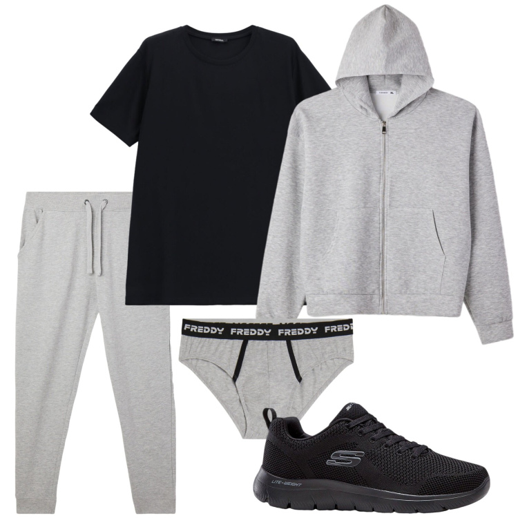 Outfit uomo - Basic sportivo. Stile Casual per Sport. Abbinamento con sneakers, t-shirt, pantaloni, felpe con cappuccio, slip.