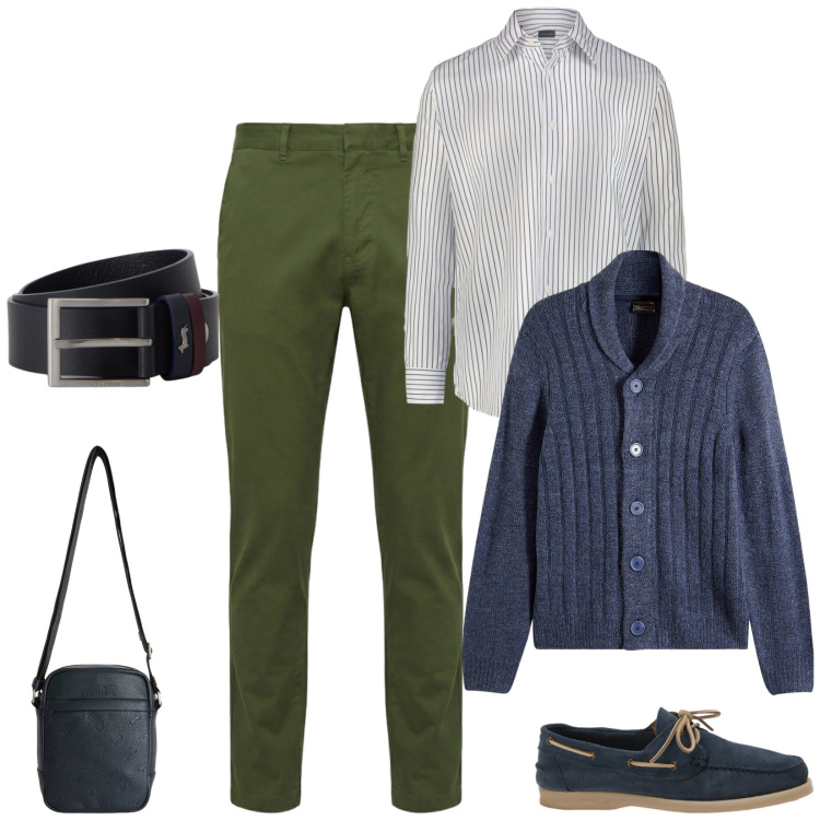 Outfit uomo - Total look #2469896. Stile Casual per Tutti i giorni. Abbinamento con cardigans, borse sportive, scarpe stringate, pantaloni, cinture, camicie.