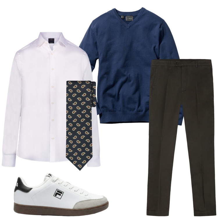 Outfit uomo - Sergio. Stile Casual per Tutti i giorni. Abbinamento con maglieria, sneakers, camicie, pantaloni chino, cravatte.