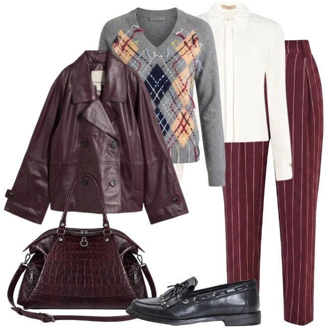 Outfit donna - Pantalone gessato. Stile Urban per Tutti i giorni. Abbinamento con caban, maglieria, pantaloni, mocassini, camicie, shopping bag.