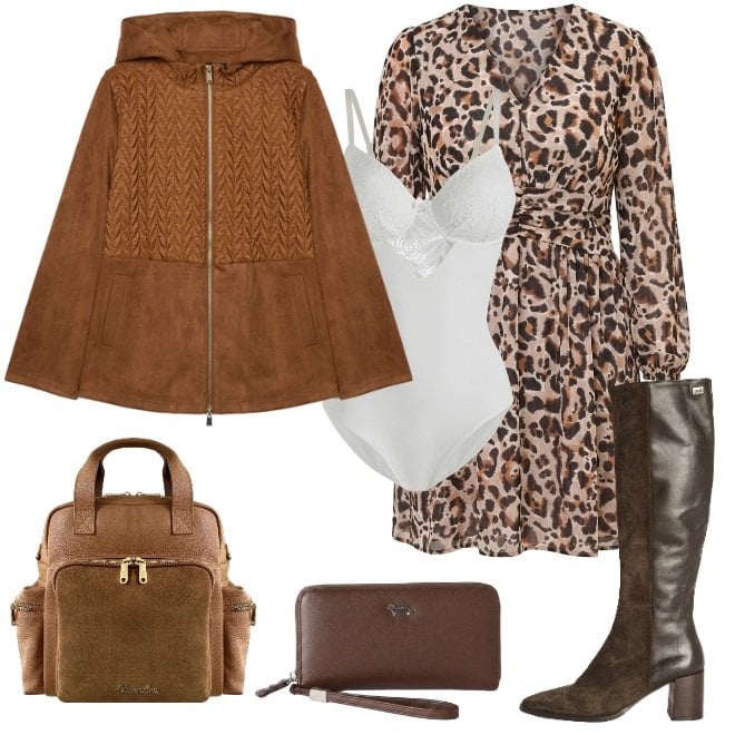 Outfit donna - Abito animalier. Stile Urban per Tutti i giorni. Abbinamento con body, portafogli, stivali, vestiti corti, blazer, zaini.