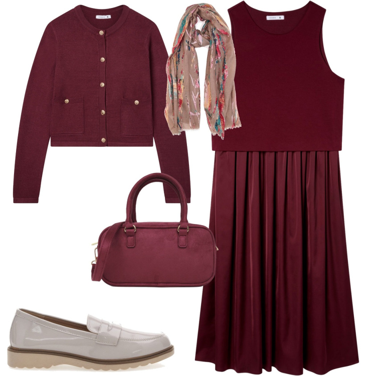 Outfit donna - Casual chic ufficio tempo libero. Stile Casual chic per Tutti i giorni. Abbinamento con vestiti midi/longuette, cardigans, borse a tracolla, foulard, mocassini.