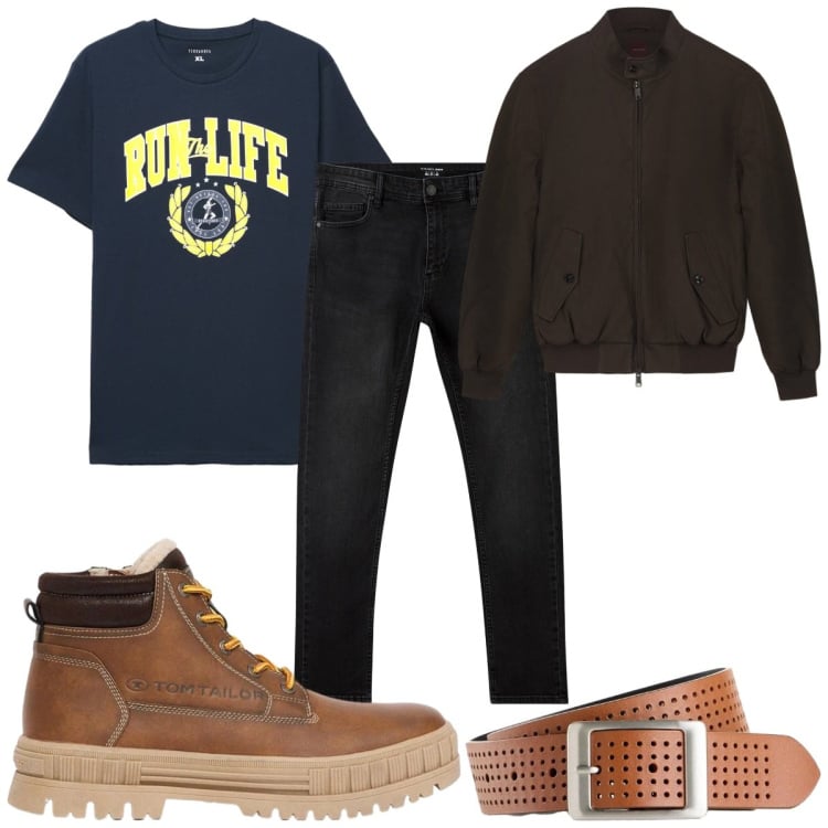 Outfit uomo - Total look #2469931. Stile Casual per Tutti i giorni. Abbinamento con cinture, stivali e stivaletti, jeans skinny, t-shirt, bomber.