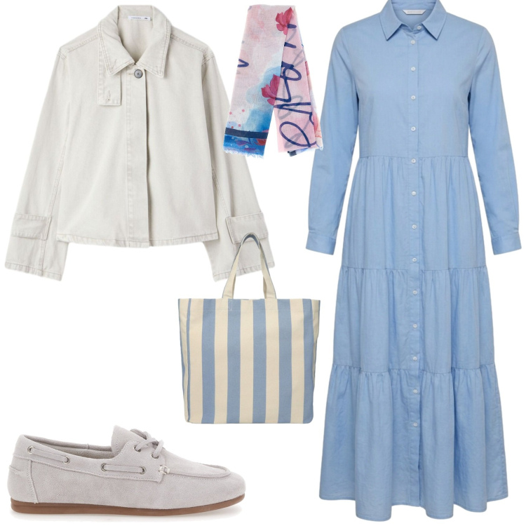 Outfit donna - Casual chic ufficio tempo libero. Stile Casual chic per Tutti i giorni. Abbinamento con shopping bag, vestiti chemisier, cappotti, scarpe stringate, foulard.