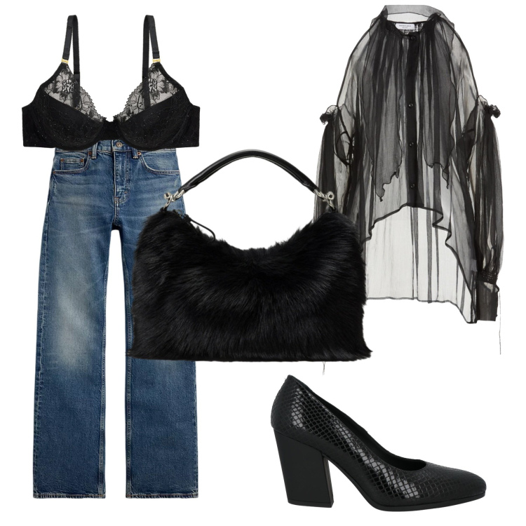 Outfit donna - Aperitivo a settembre. Stile Casual chic per Serata fuori. Abbinamento con décolleté, camicie, jeans bootcut, reggiseni, borse a mano.