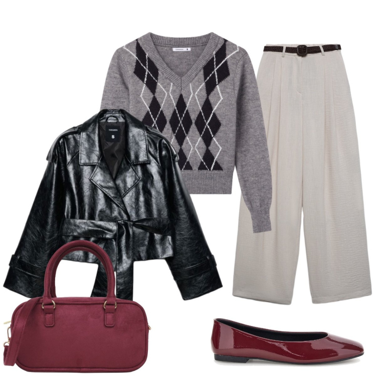 Outfit donna - Un tocco di bordeaux. Stile Trendy per Tutti i giorni. Abbinamento con pantaloni, trench, pullovers, borse a tracolla, ballerine.