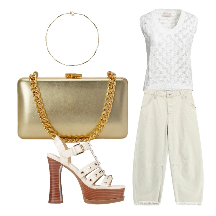 Outfit donna - Clutch piccola laminata. Stile Casual chic per Serata fuori. Abbinamento con sandali in pelle, pullovers, jeans dritti, clutch, collane.