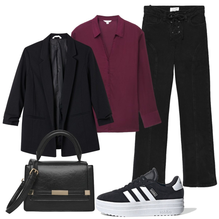 Outfit donna - In città. Stile Casual chic per Tutti i giorni. Abbinamento con blazer, borse a tracolla, camicie, jeans bootcut, sneakers.