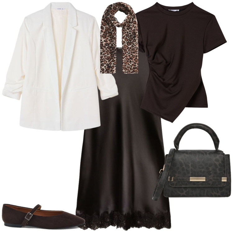 Outfit donna - Casual chic ufficio tempo libero. Stile Casual chic per Tutti i giorni. Abbinamento con foulard, borse a tracolla, gonne lunghe, blazer, t-shirt, ballerine.