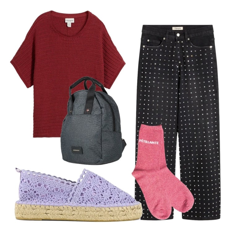 Outfit donna - Settembre. Stile Basic per Tutti i giorni. Abbinamento con zaini, jeans, maglieria, calzini, espadrillas.