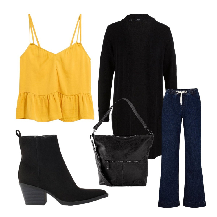 Outfit donna - Stile che non teme l’acqua. Stile Casual per Tutti i giorni. Abbinamento con stivaletti texani, borse a spalla, cardigans, jeans, top.