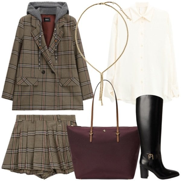 Outfit donna - Il tartan di stagione. Stile Preppy per Tutti i giorni. Abbinamento con camicie, blazer, pantaloni corti, borse tote, collane, stivali.
