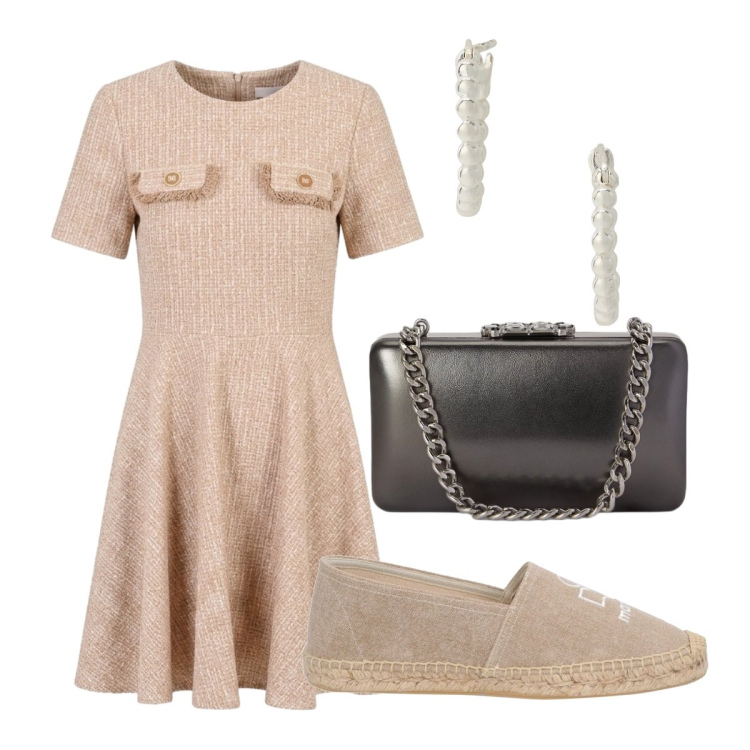 Outfit donna - La festeggiata alle nozze d’argento. Stile Bon Ton per Cerimonia. Abbinamento con espadrillas, vestiti corti, orecchini, clutch.