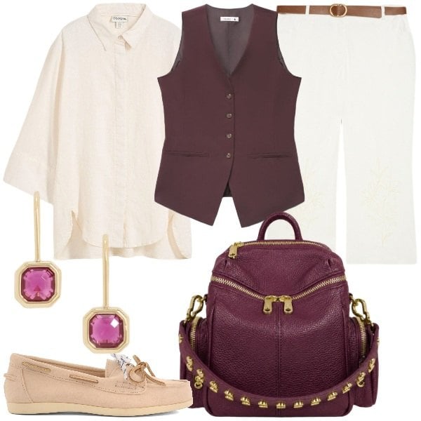 Outfit donna - look chic stratificato. Stile Casual chic per Tutti i giorni. Abbinamento con camicie, gilet, pantaloni, zaini, orecchini, mocassini.