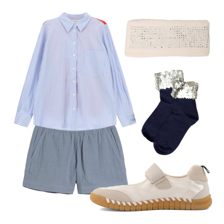 Outfit donna - Camicia con dettagli sportivi. Stile Glamour per Tutti i giorni. Abbinamento con shorts, camicie, fasce per capelli, calzini, ballerine.