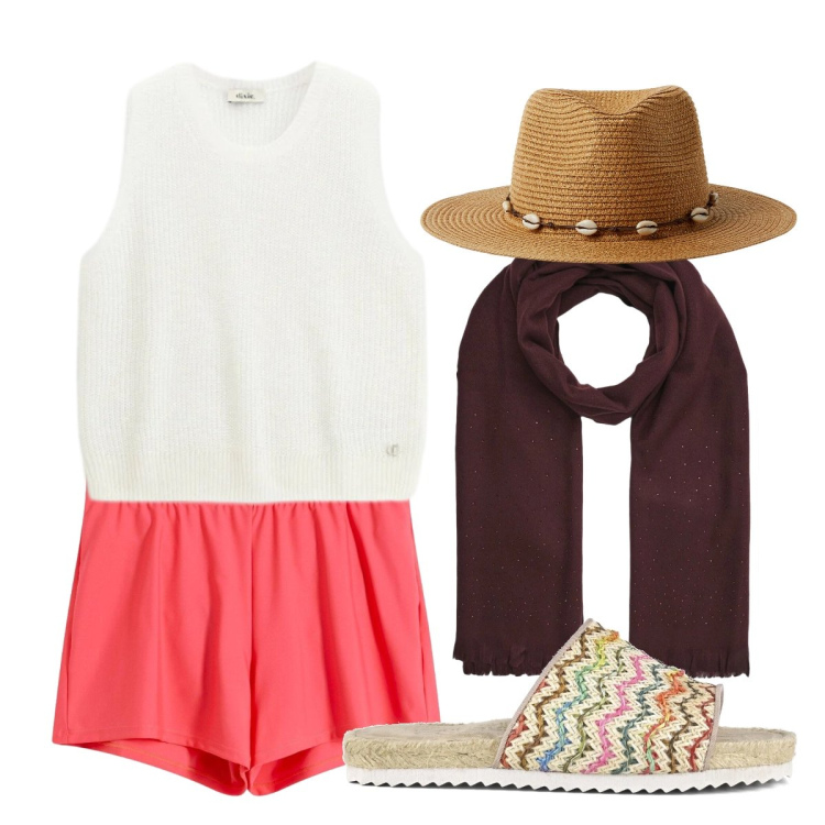 Outfit donna - Settembre. Stile Casual per Mare. Abbinamento con pantaloni corti, cappelli, sciarpe, maglieria, sandali.