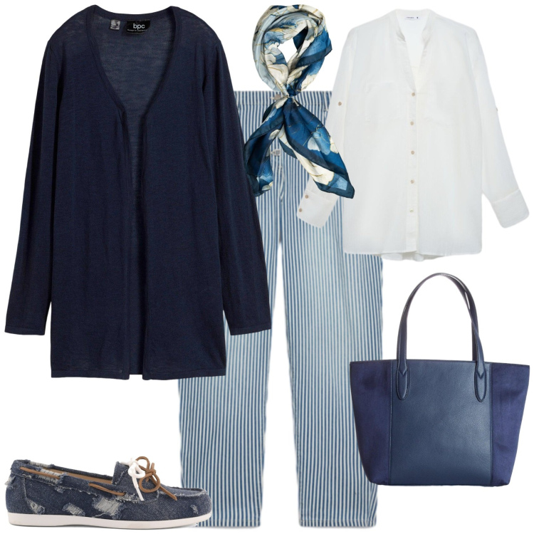 Outfit donna - Casual chic ufficio tempo libero. Stile Casual chic per Tutti i giorni. Abbinamento con cardigans, shopping bag, camicie, jeans, foulard, mocassini.
