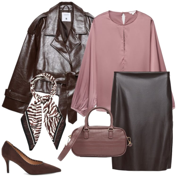 Outfit donna - Total look #2469956. Stile Chic per Ufficio. Abbinamento con gonne longuette, bluse, foulard, borse a tracolla, trench, décolleté.