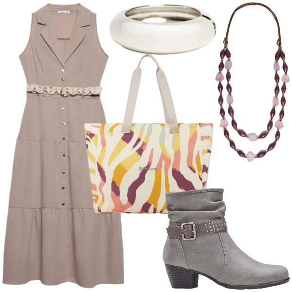 Outfit donna - Chemisier di Transizione. Stile Casual chic per Tutti i giorni. Abbinamento con stivaletti, vestiti chemisier, shopping bag, collane, braccialetti.