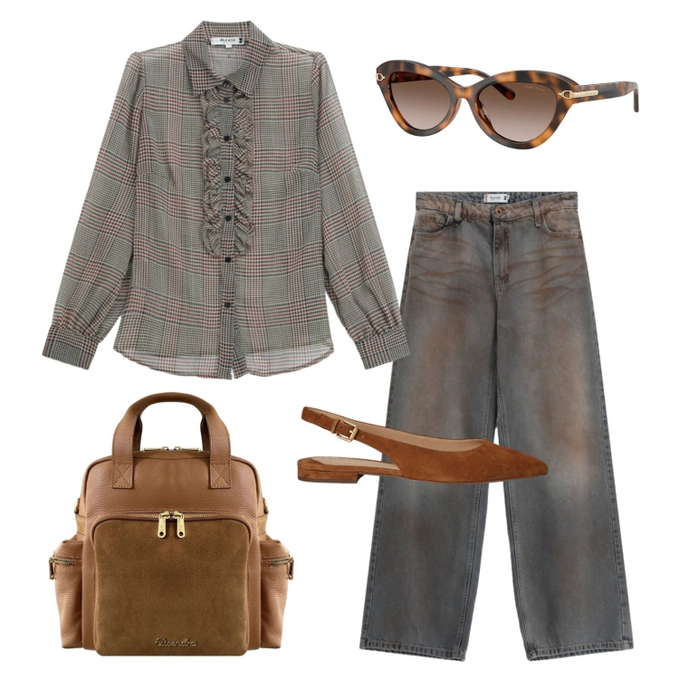 Outfit donna - Oggi splende il sole. Stile Casual per Ufficio. Abbinamento con camicie, jeans dritti, zaini, occhiali da sole, ballerine.