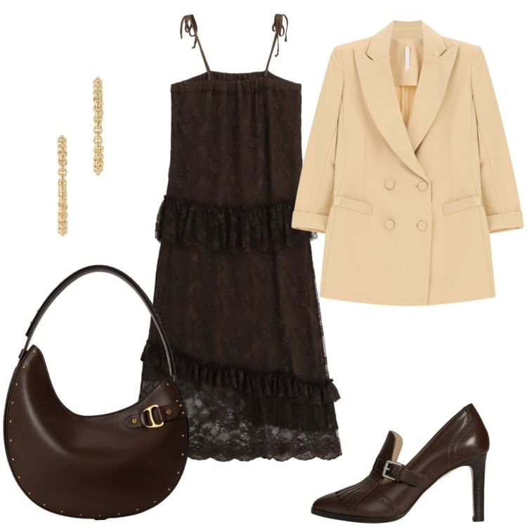 Outfit donna - Venerdì sera con l\'abito sottoveste. Stile Glamour per Serata fuori. Abbinamento con blazer, vestiti lunghi, borse a spalla, décolleté, orecchini.
