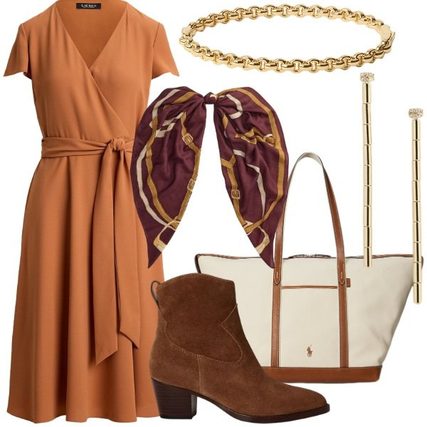 Outfit donna - L\'abito chemisier per l\'autunno. Stile Casual chic per Tutti i giorni. Abbinamento con borse tote, vestiti, orecchini, foulard, braccialetti, stivaletti.